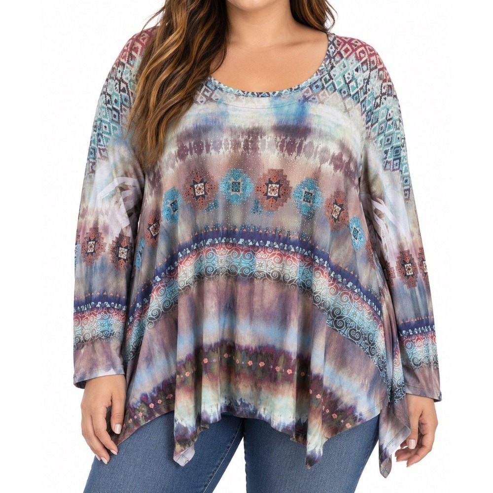 Jess Jane Plus 2X Boho Tribal Tie Dye Tunic Top Multicolor Rhinestone Sharkbite